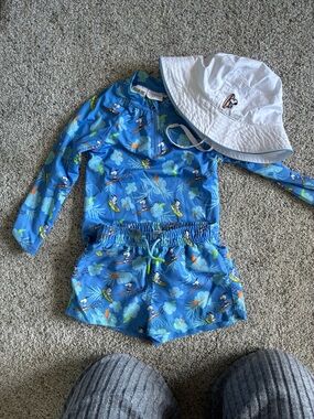 Zara Kids Blue Floral Surf Print Rash Guard Set with White Sun Hat - Unbranded